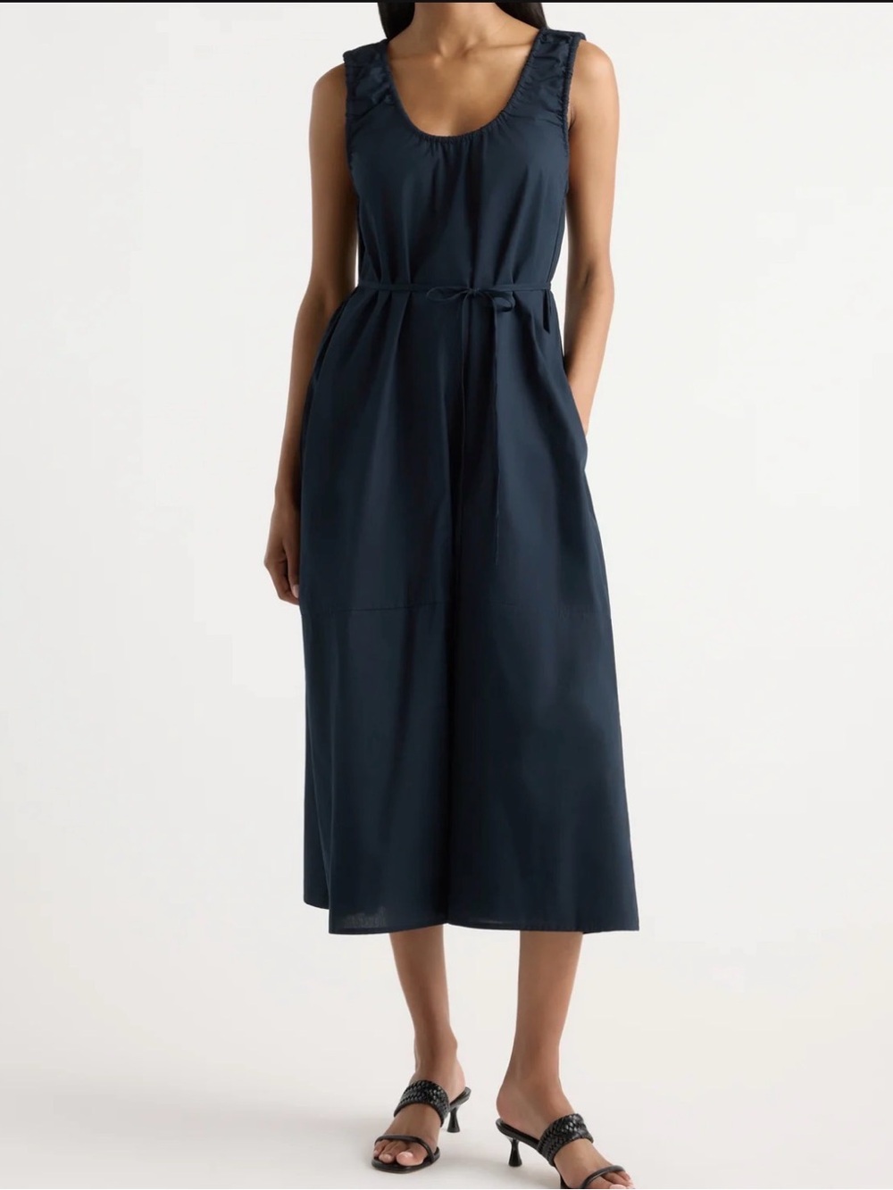 Midori Organic Cotton U-Neck Dress with optional Waist Tie - NAVY